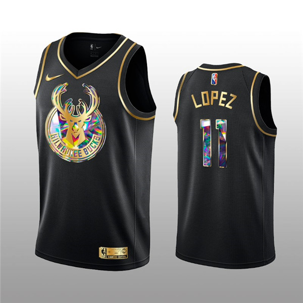 Men's Milwaukee Bucks #11 Brook Lopez 2021/22 Black Golden Edition 75th Anniversary Diamond Logo Stitched Basketball Jersey